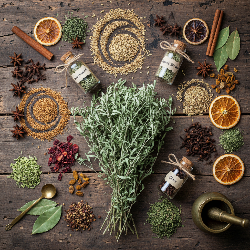 Herbs spread over a wooden table with scattered jars and orange slices on the right.