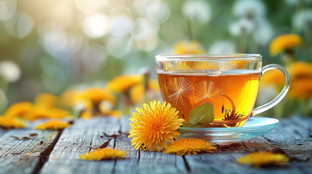 Cup of dandelion tea on a rustic table outdoors surrounded by dandelions