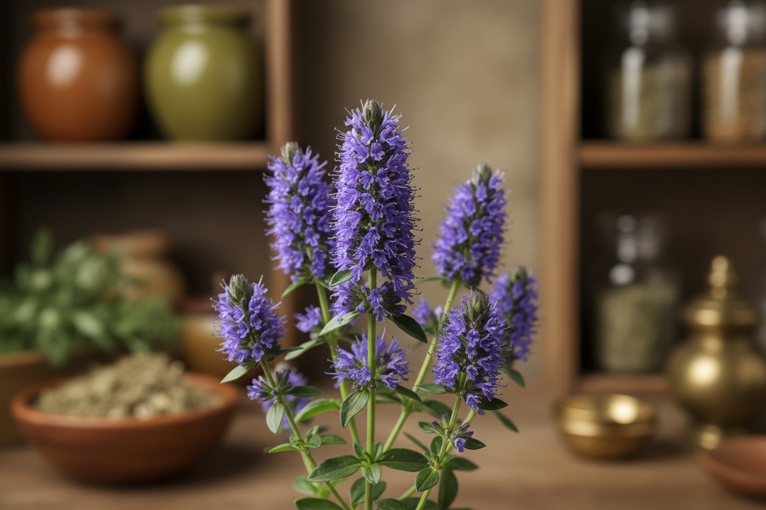 Close-up of fresh hyssop with purple-blue flower spikes in a warm, apothecary-inspired botanical style.