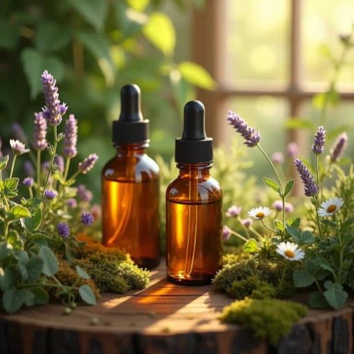 2 dropper bottles with herbal tinctures surrounded by fresh flowering plants.