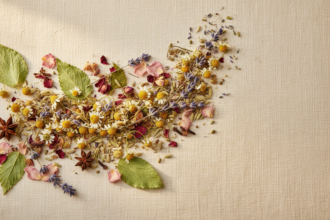 Colorful herbs spresd over a cream color tabke clith