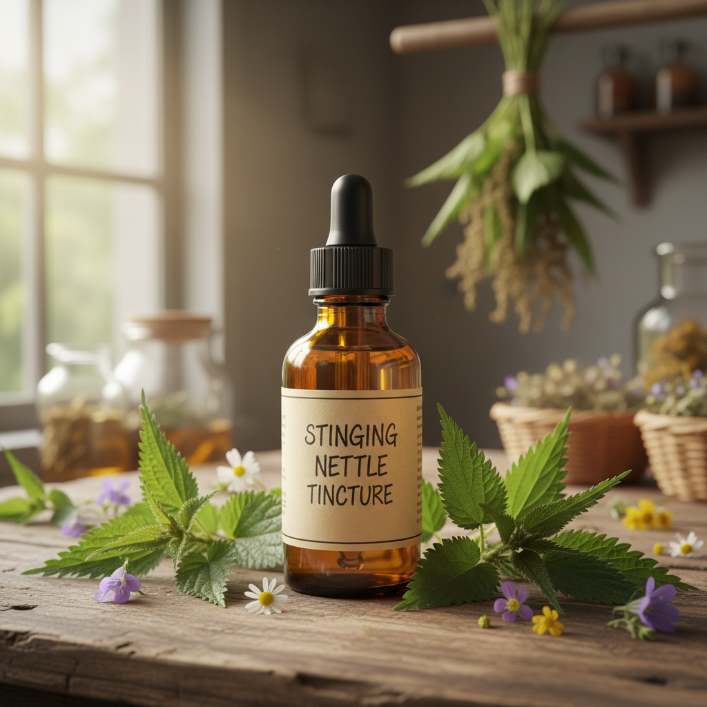 Organic Stinging Nettle Tincture in amber glass dropper bottle with fresh herbs and natural window light – Tincture Treasures
