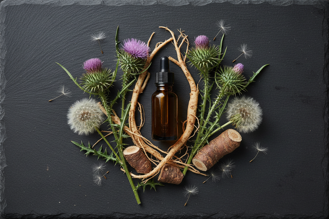 A premium apothecary flat lay with milk thistle, dandelion root, and burdock arranged around an amber dropper bottle on a dark slate surface 