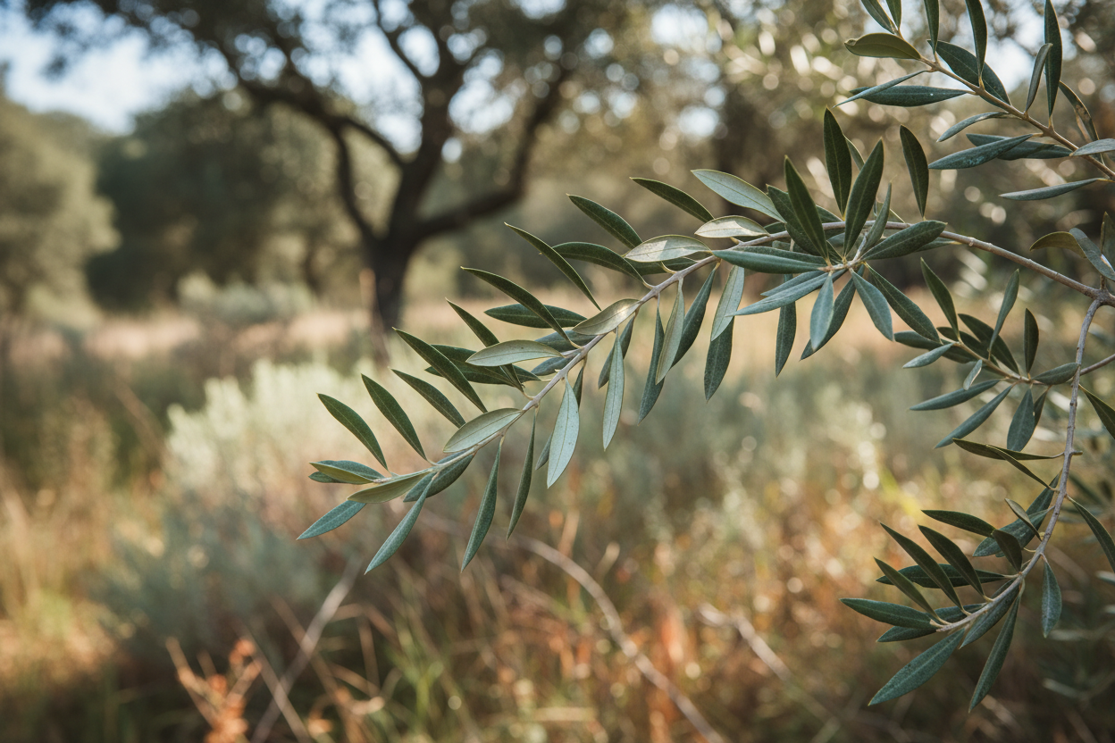 It features an olive leaf branch with soft natural lighting, earthy tones, and lush wild foliage in the background 