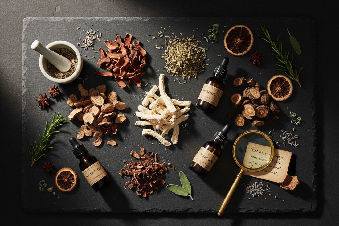 A moody apothecary flat lay with slippery elm bark, marshmallow root, and burdock root alongside tincture bottles and dried botanicals.