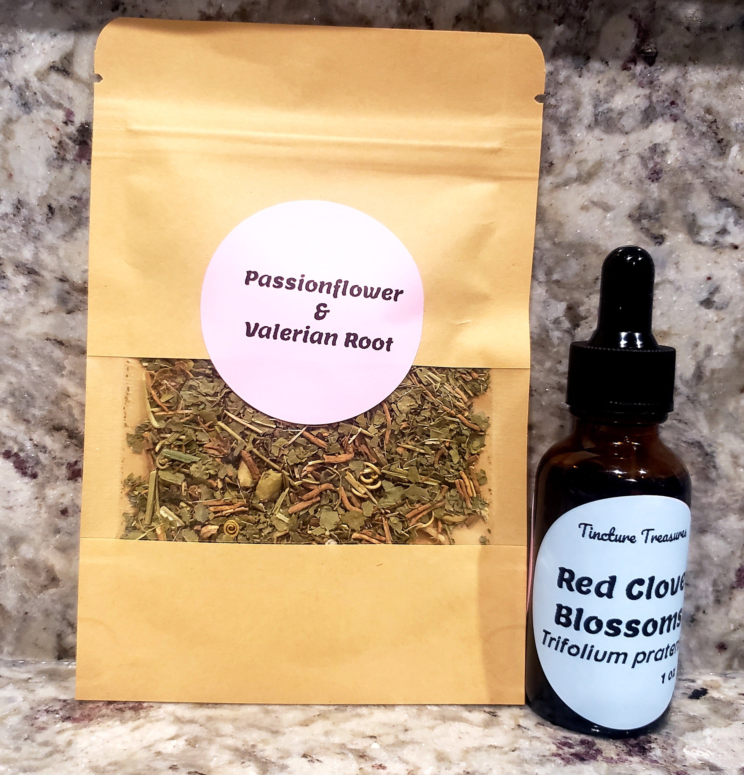 Tincture Treasures sample pack with a 1 oz tincture bottle and a small mylar bag of loose herbal tea.
