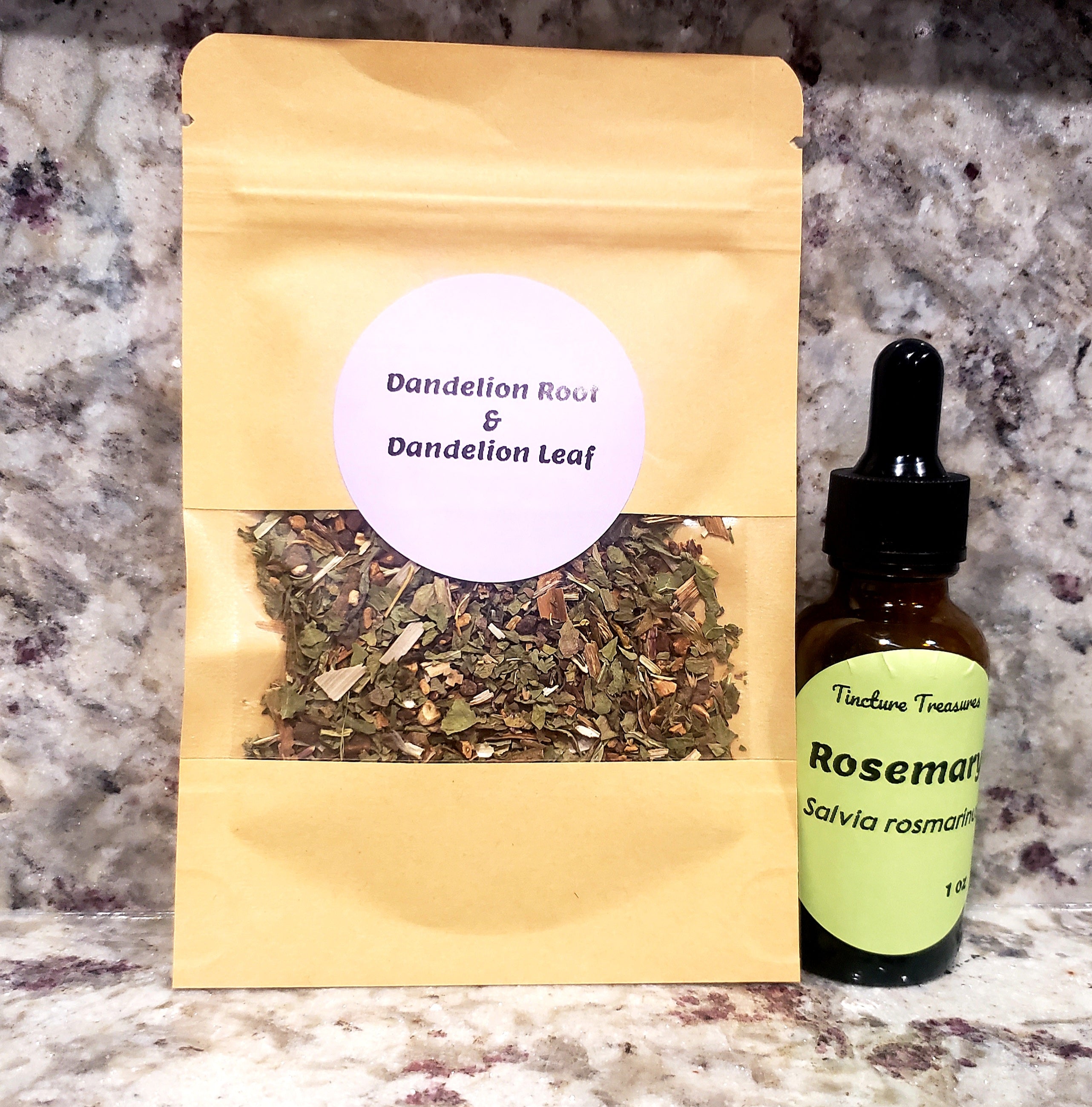 Tincture Treasures sample pack with a 1 oz tincture bottle and small mylar pouch of loose tea.