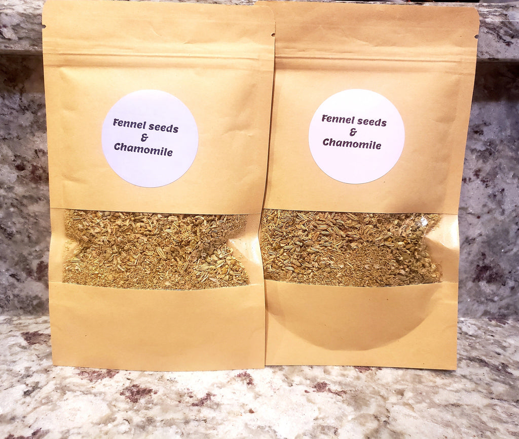 Loose herbal tea with organic fennel seeds and chamomile from Tincture Treasures, featuring a blend for digestive support
