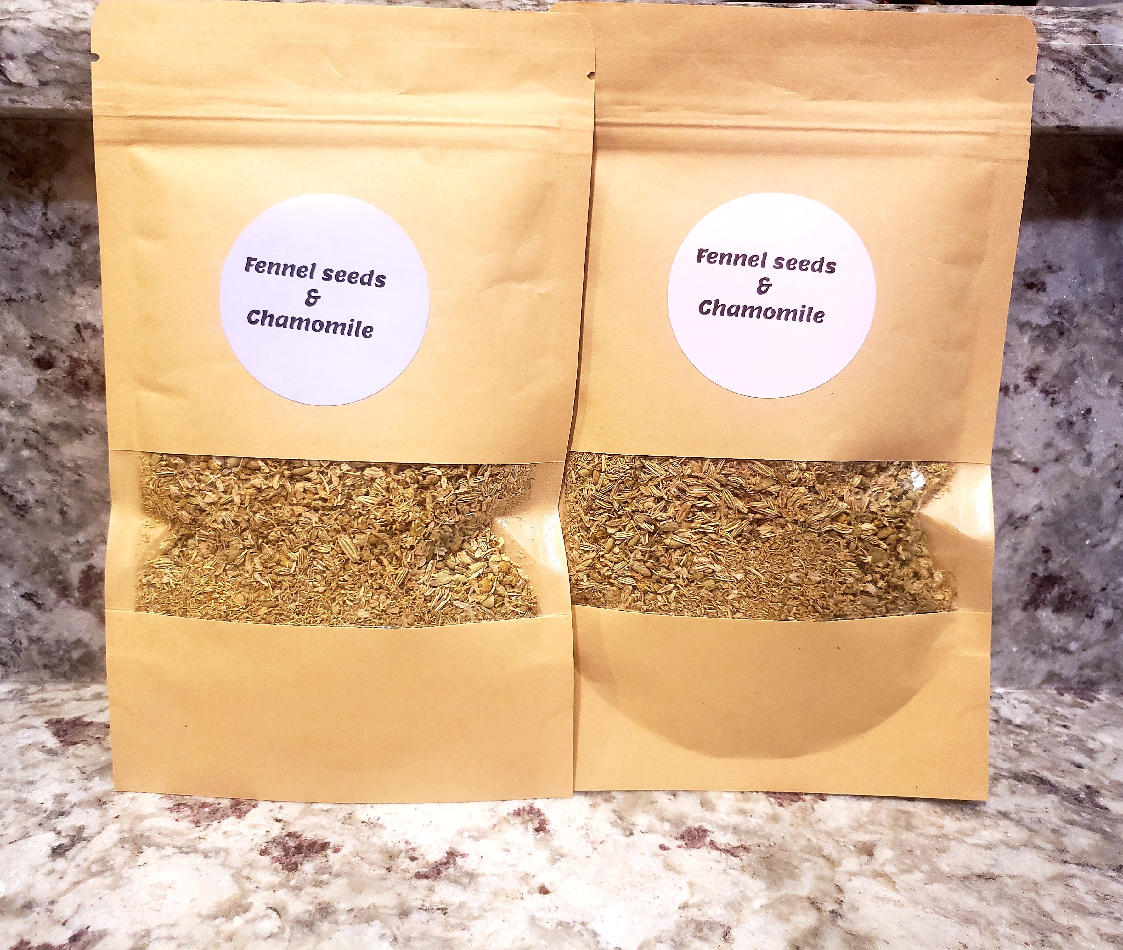 Loose herbal tea with organic fennel seeds and chamomile from Tincture Treasures, featuring a blend for digestive support