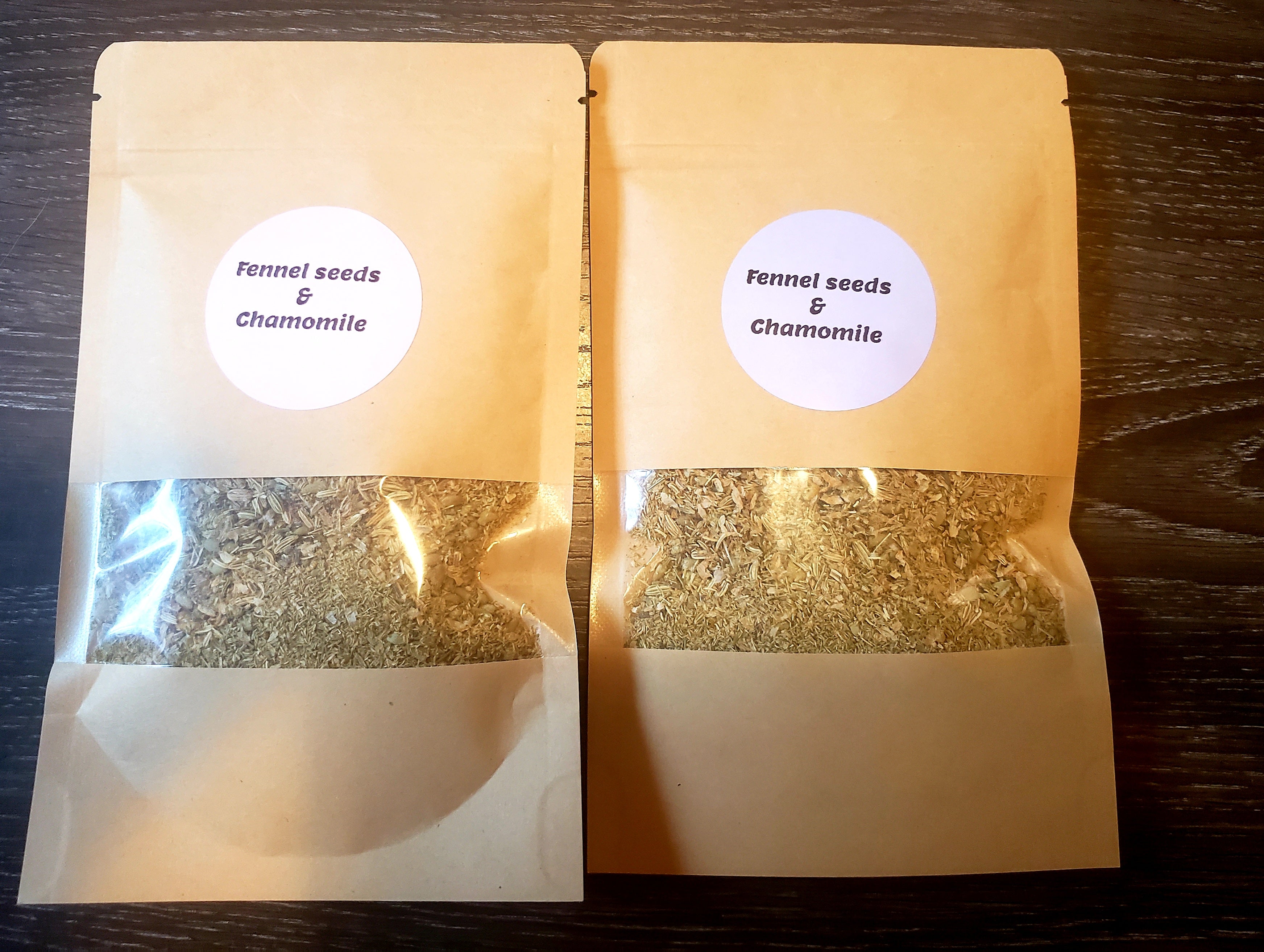 Organic herbal tea blend with fennel seeds and chamomile flowers in a loose tea form from Tincture Treasures for digestive support.
