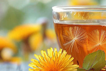 Clear glass mug filled with dandelion tea on a wooden surface with dandelion flowers.