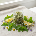 Lemon balm herbal tea with fresh lemon balm leaves and lemon slices on a linen surface