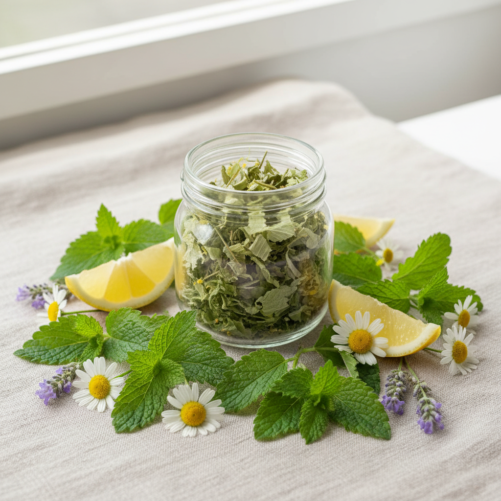 Lemon balm herbal tea with fresh lemon balm leaves and lemon slices on a linen surface