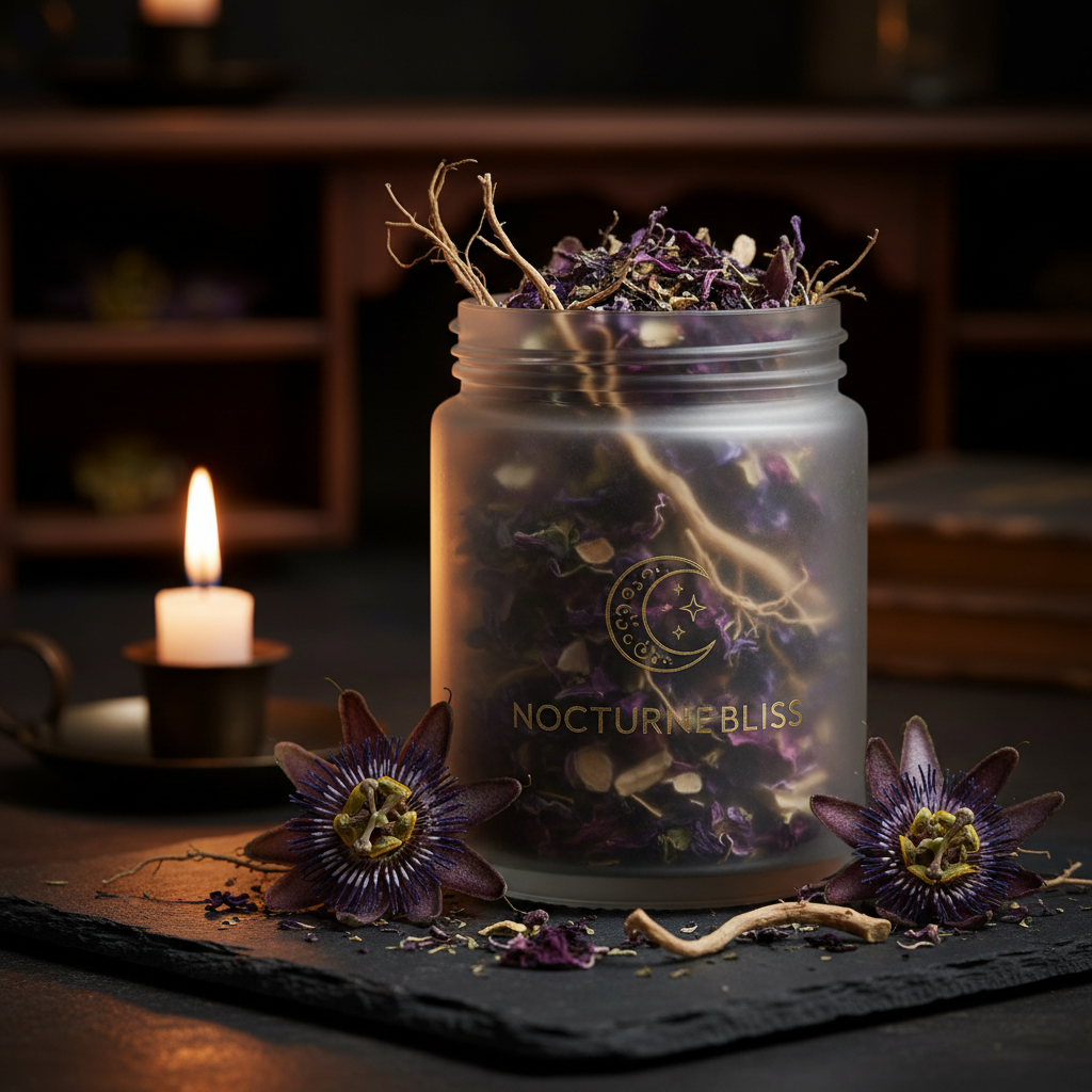 Passionflower and valerian root herbal tea in a glass jar with candlelight on dark slate