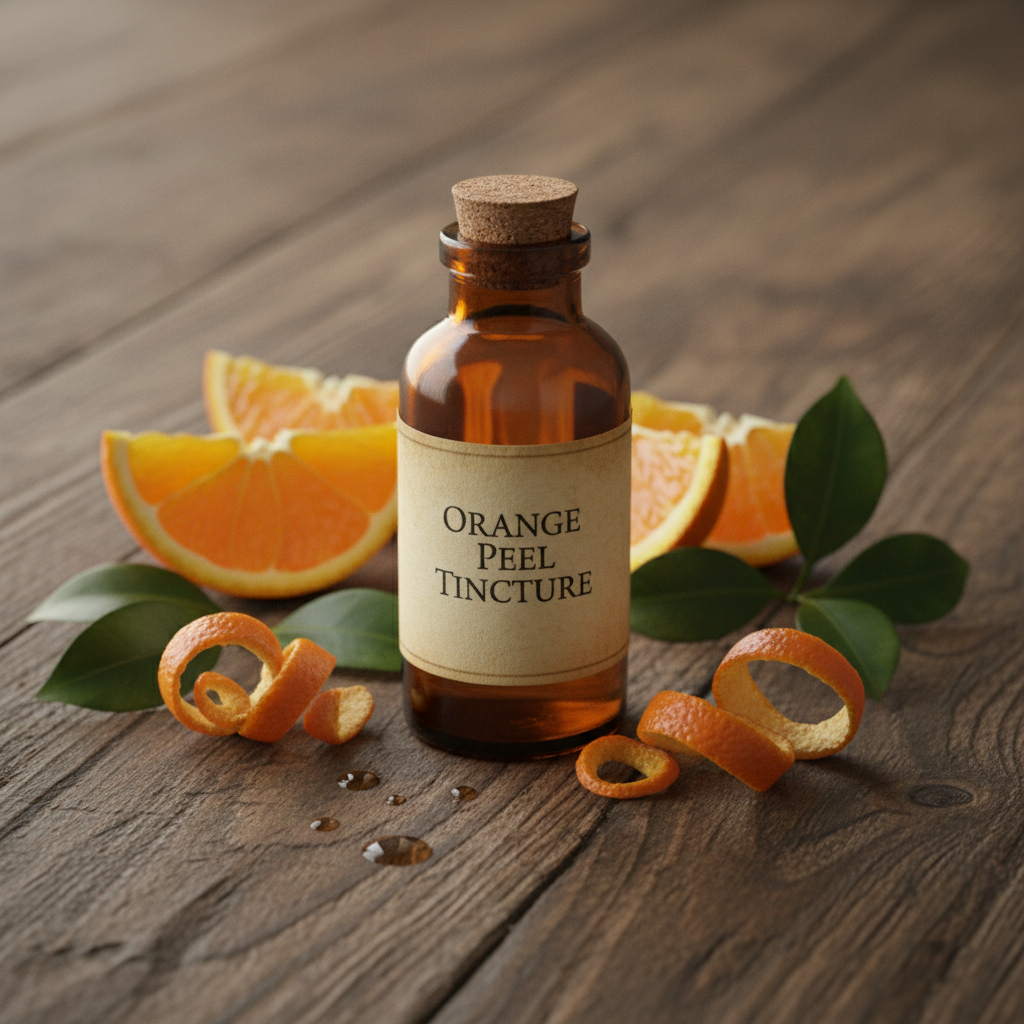 Orange Peel Tincture amber glass bottle with fresh orange slices and dried peel