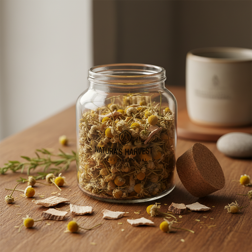 White willow bark and chamomile herbal tea in a glass jar with warm amber tones on wood