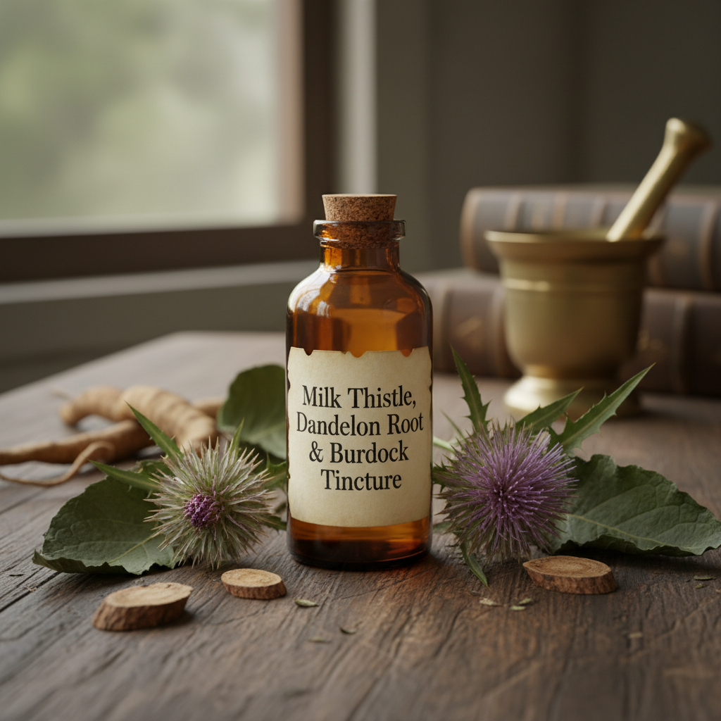 Milk Thistle, Dandelion Root and Burdock Tincture amber glass bottle with herbs