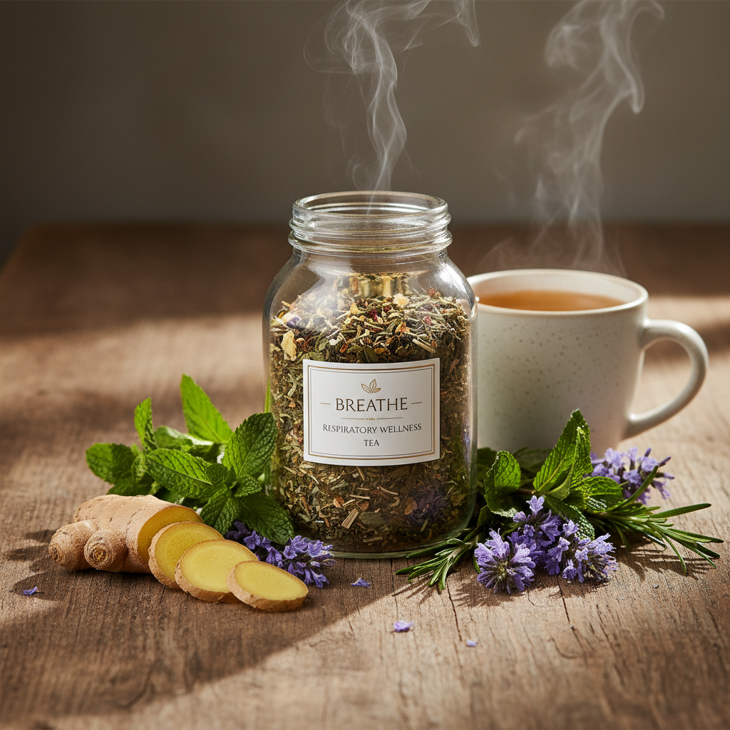 Respiratory support herbal tea with peppermint, ginger, rosemary and hyssop on rustic wood