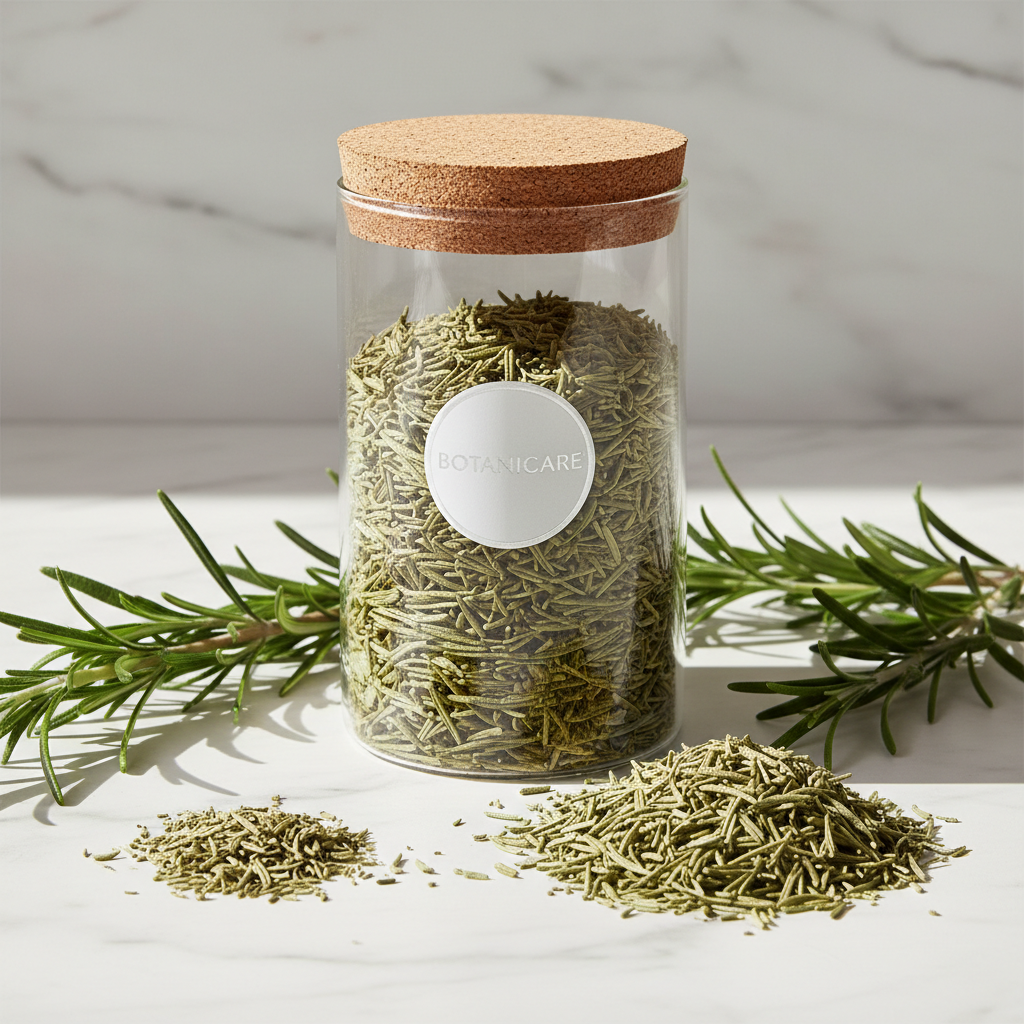 Rosemary herbal tea in a glass jar with fresh rosemary sprigs on white marble surface