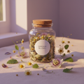 Relaxation and sleep support herbal tea blend with chamomile, lemon balm and passionflower on cream linen