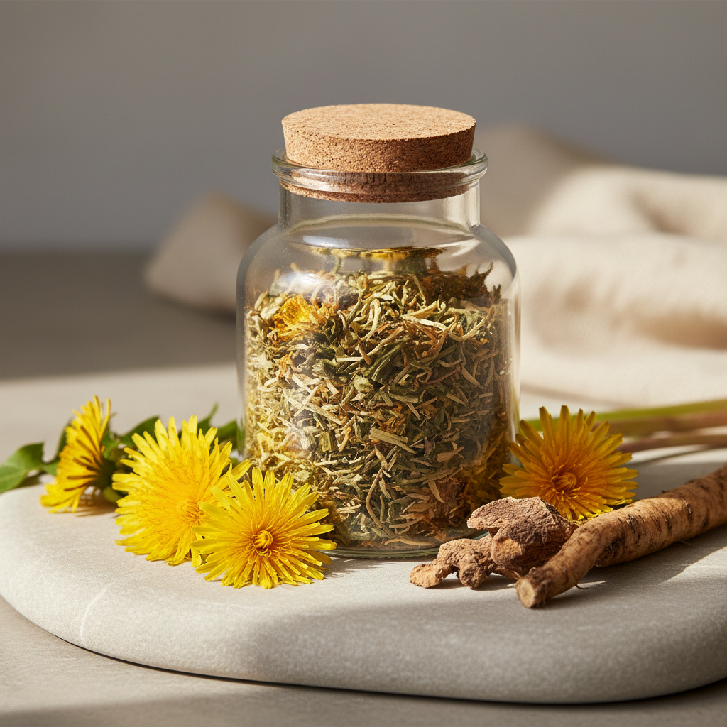 Dandelion herbal tea in a glass jar with dandelion flowers on light stone surface