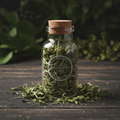 Wild lettuce herbal tea in a glass jar with dried wild lettuce leaves on dark weathered wood