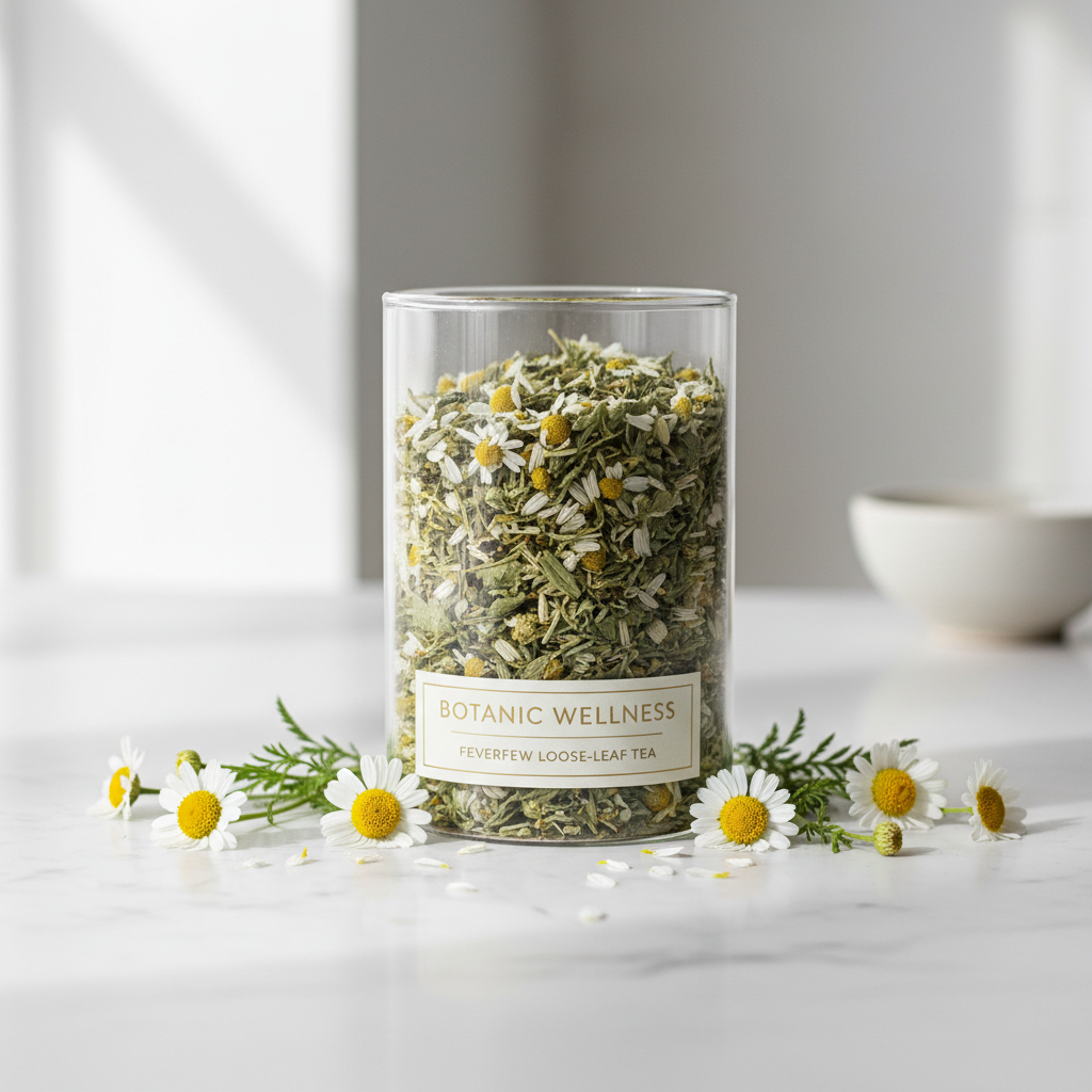 Feverfew herbal tea in a glass jar with fresh feverfew flowers on a light marble surface