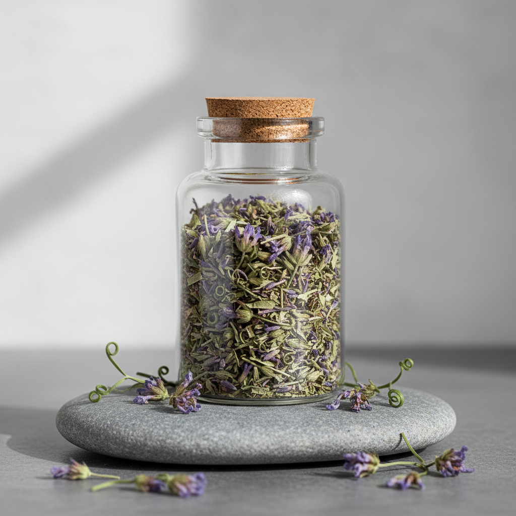 Skullcap herbal tea in a glass jar with purple skullcap flowers on a soft grey stone surface