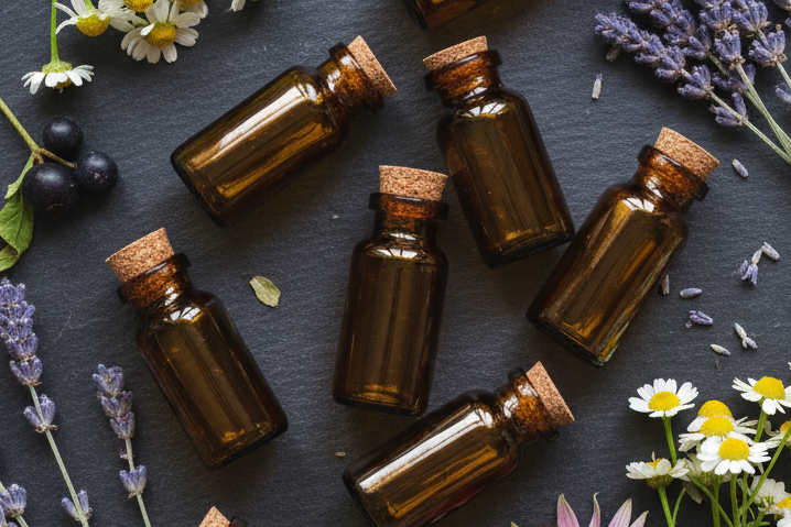 Seven amber glass essential oil bottles with cork stoppers are arranged on a dark slate background, surrounded by dried and fresh herbs and flowers including lavender, chamomile, and coneflowers.
